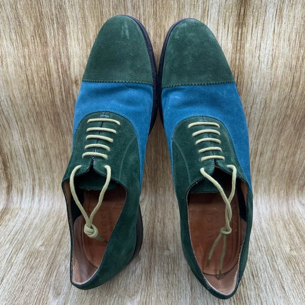 Gucci Oxford Shoes Men's Size 12 Green Blue Suede Cap Toe Goodyear Welted 12002